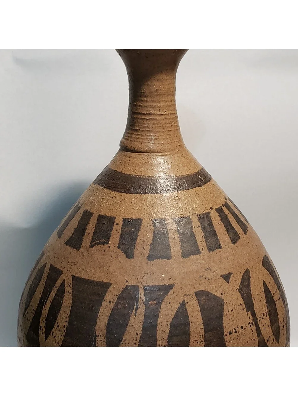 Artist Signed Art Pottery Vase Tall Narrow Neck Brown Pattern Glaze
